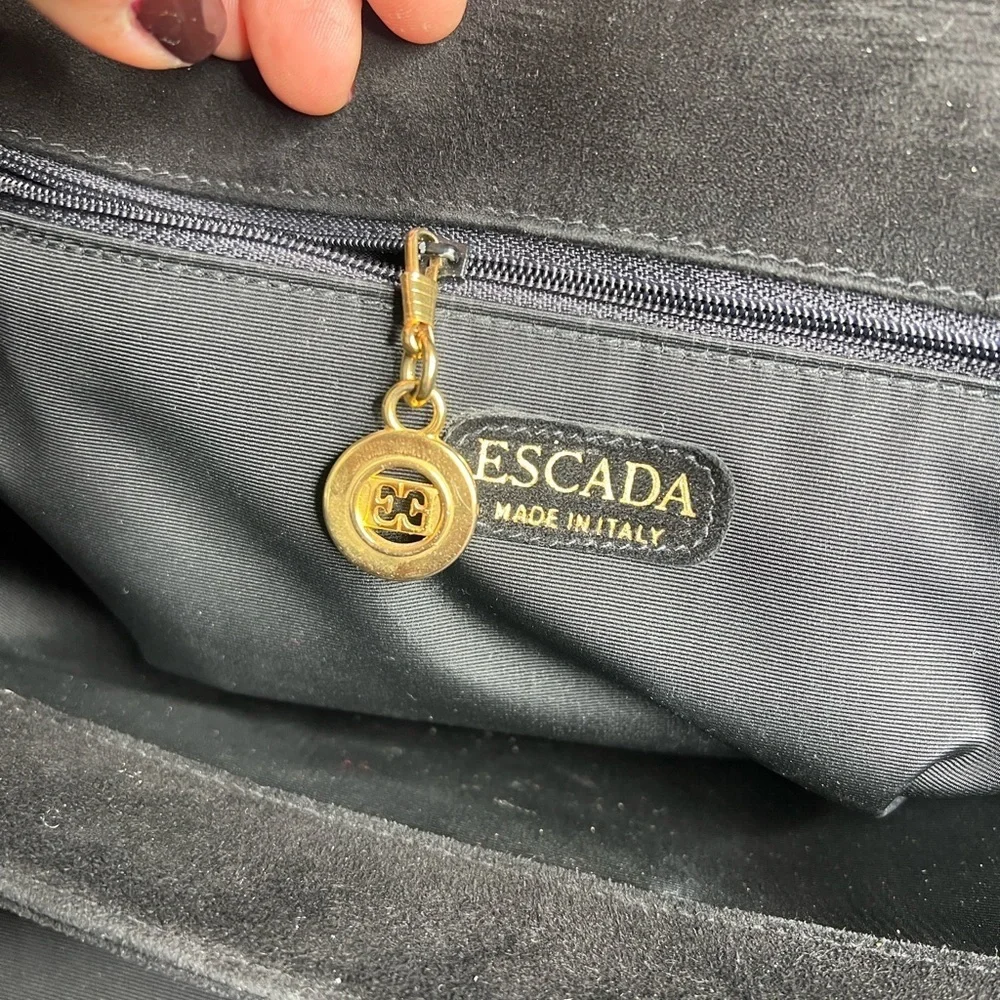 Escada Black Croc Embossed Leather Suede Pocket Structured Satchel Tote Bag